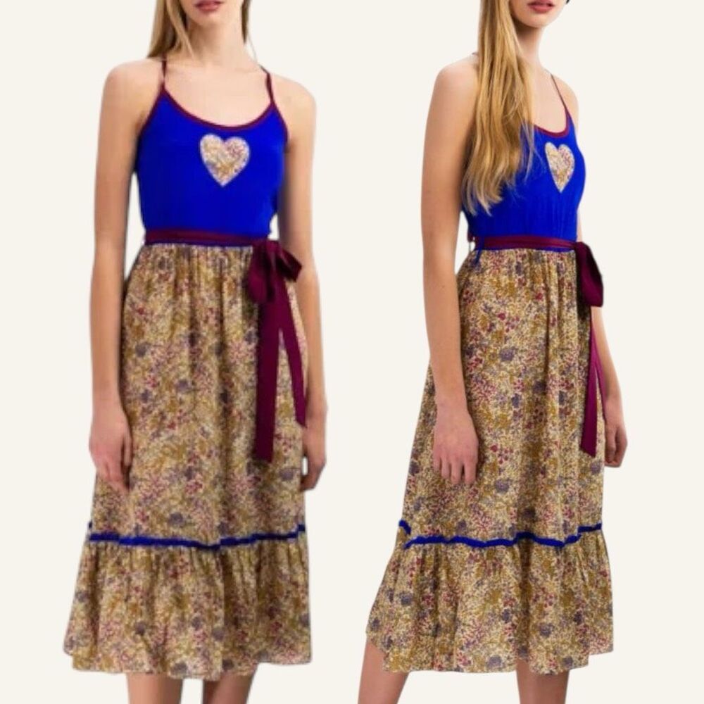 NWT Kristinit Blue Floral Silk Maxi Dress Heart Cutout XS‎ No Belt